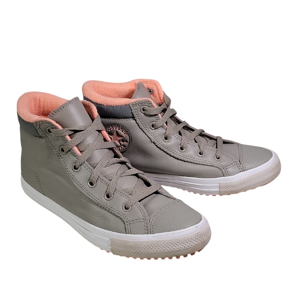 Converse Grey Leather High Top Sneakers Coral Pink Terry Lining Juniors Size 6